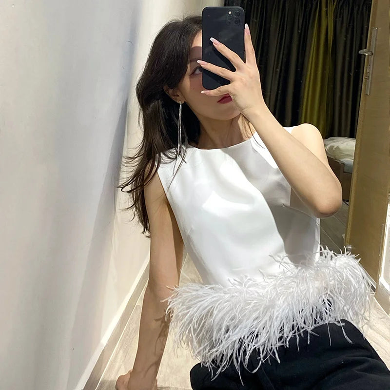 Black Patchwork Feathers Korean Fashion Shirt Top Women Round Neck Sleeveless Slim Tops Female 2021 Summer Clothing
