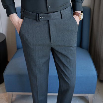 Men's Wool Blend Dress Pants, Elastic Waist Business Trousers, Tapered Slim Fit, Charcoal Gray Black Navy