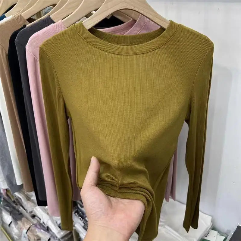 Outono Escritório Senhora Básica Gola Redonda Slim T-Shirt Feminina Cor Sólida Multicor Tendência Versátil Casual Top Manga Longa Elástico Canelado