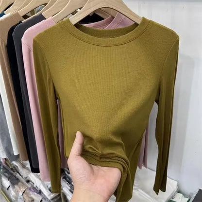 Outono Escritório Senhora Básica Gola Redonda Slim T-Shirt Feminina Cor Sólida Multicor Tendência Versátil Casual Top Manga Longa Elástico Canelado