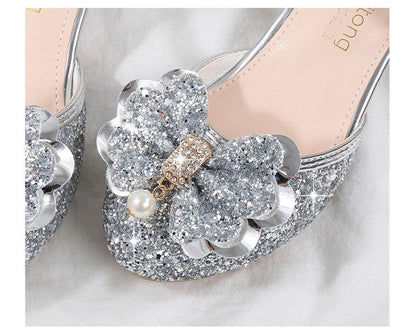 Children's Sandals for Party Wedding Elegant Bowknot Kids Girls Versatile Sequins High-heels Fashion Pearl Princess Single Shoes