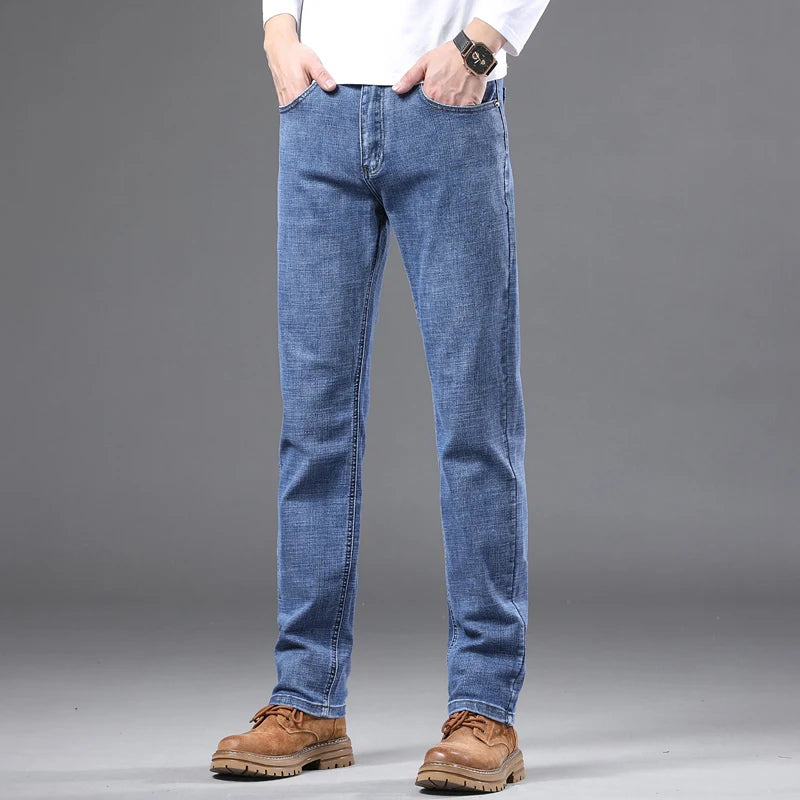 Fashion Light Blue Slim Straight Jeans Men's Spring autumn Elastic Comfortable Denim Pants Korean Casual Business Trousers