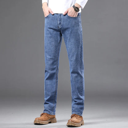 Fashion Light Blue Slim Straight Jeans Men's Spring autumn Elastic Comfortable Denim Pants Korean Casual Business Trousers