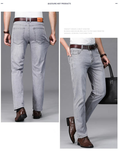 2026 Brand Thin or Thick Material Straight Cotton Stretch Denim Men's  Business Casual High Waist Light Grey Blue Jeans