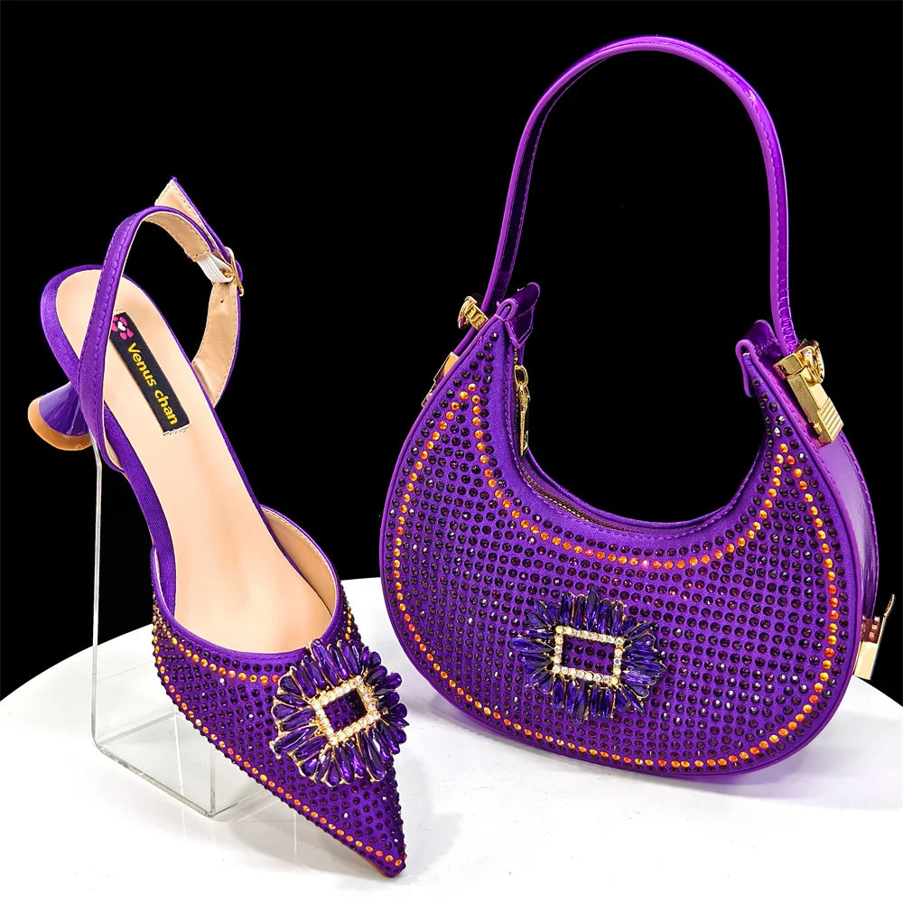 Elegant Nigerian Women’s Italian Design Black Heels and Handbag Set With Rhinestone Accents for Wedding and Party