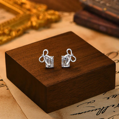 New Bow Earrings Emerald Cut Moissanite Stud Earrings S925 Silver Elegant Dainty Anniversary Wedding Jewelry for Women