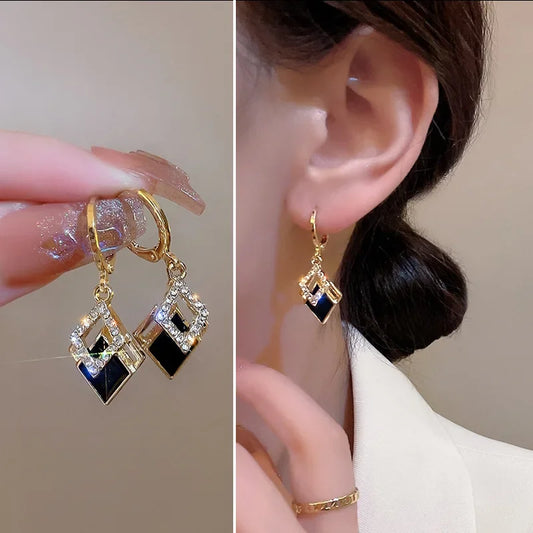 2024 Trending Black Rhinestone Statement Earrings for Women  Korean Gold Color Buckle Pendants Hanging Designer Earrings Jewelry