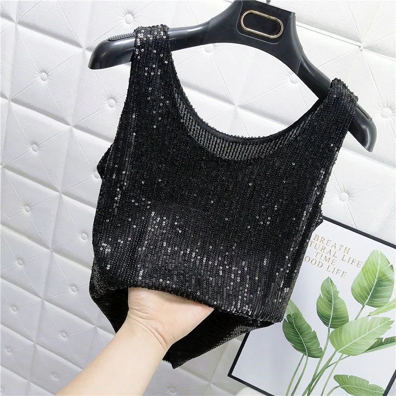 Sparkling Sequins Round Neck Vest Women's Outer Wear 2022 Summer New Bright Silk Fashion Glitter Bottoming Shirt Suspender Top
