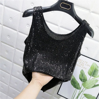 Sparkling Sequins Round Neck Vest Women's Outer Wear 2022 Summer New Bright Silk Fashion Glitter Bottoming Shirt Suspender Top