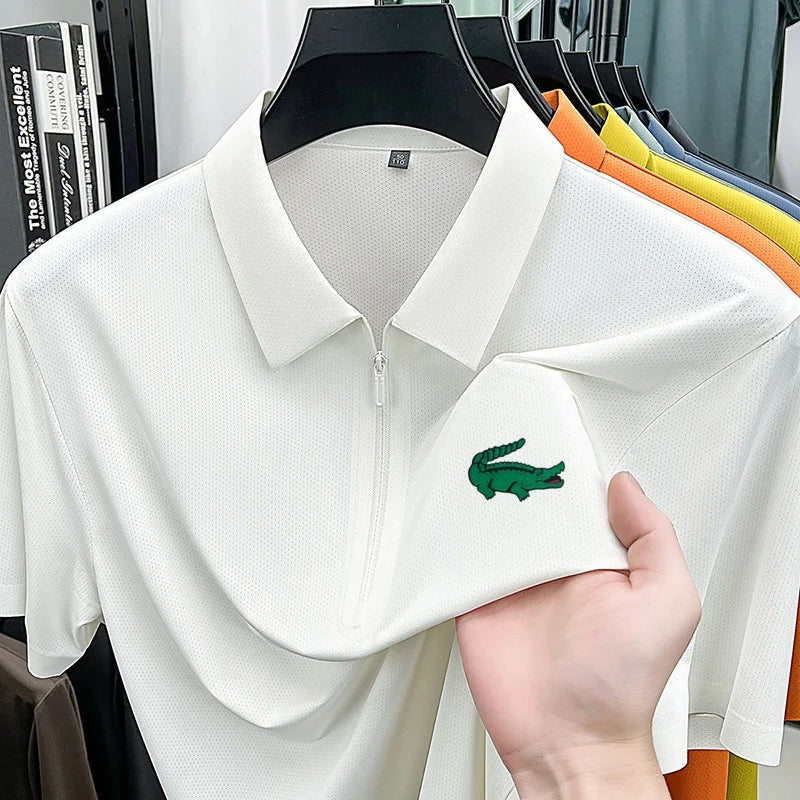 Men's Premium Textured Polo Shirt Seamless Half Zipper Crocodile Print Short Sleeve Summer Lapel T-Shirt Classic Men's Clothing
