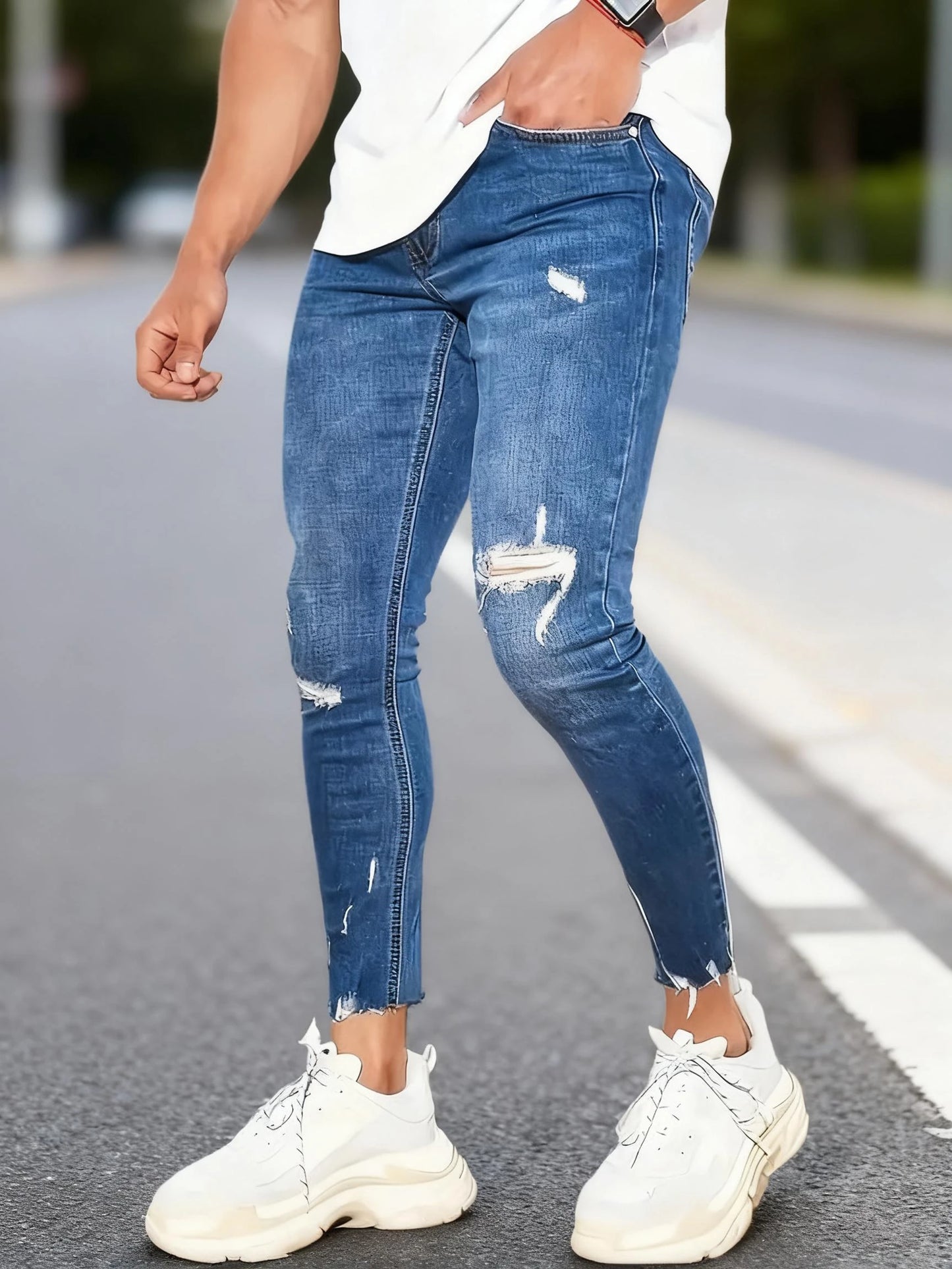 Men's Slim-fit Stretch Denim Pants, Comfortable Elastic Waistband, Casual Street Style, Perfect for Daily Wear and Outdoor Looks