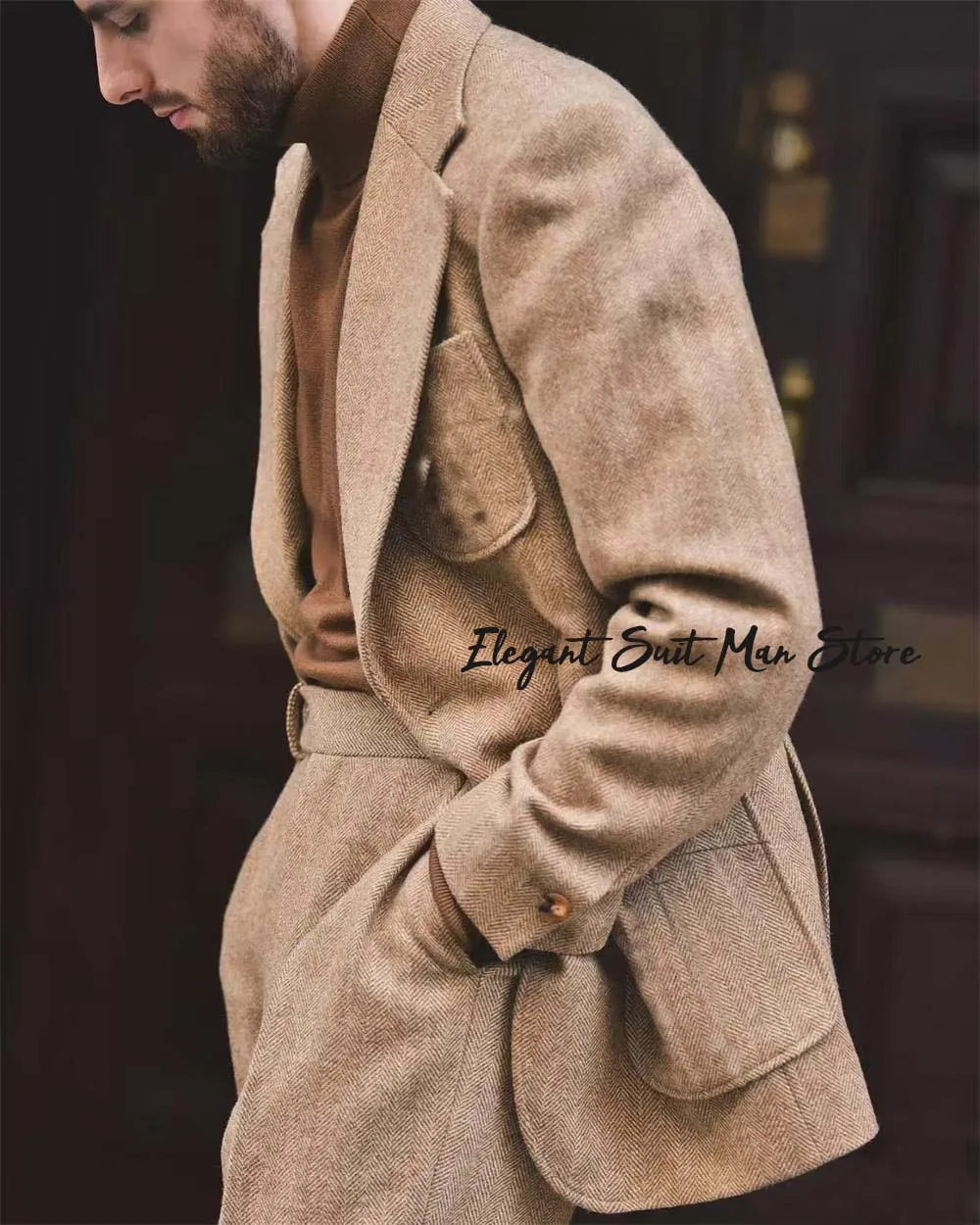 Herringbone pattern Kent blazer Pants Retro Italian style Men's Business Suit Set (Jacket+trousers）tall men tailored suit set