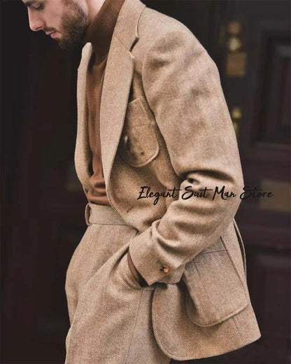 Herringbone pattern Kent blazer Pants Retro Italian style Men's Business Suit Set (Jacket+trousers）tall men tailored suit set