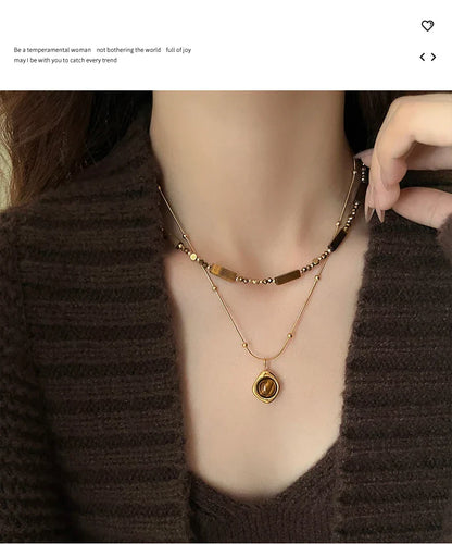 Retro Temperament Layered Tiger Eye Stone Pendant Necklace For Women Stainless steel Double-Layer Collarbone Chain Sets Jewelry