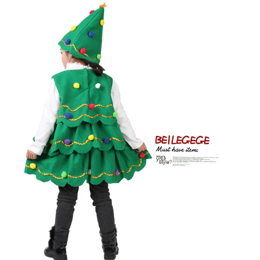 2024-2025 Girl Chritmas Tree Cosplay Costume 2 Pieces Set Dress+Hat Adorable Xmas Party Clothing Toddler St.Nicholas Day Apparel