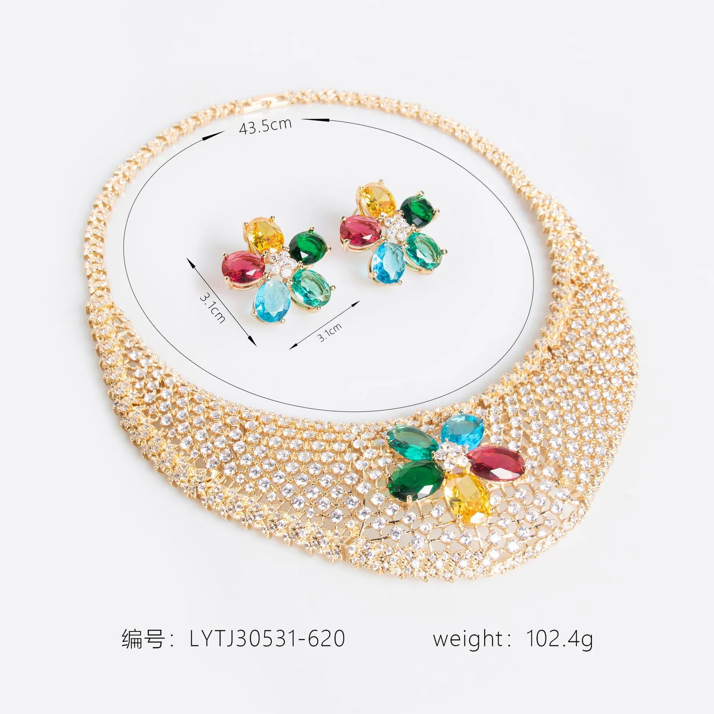Cubic Zirconia Inlaid Hollow Leaf Flower Pendant Earrings and Necklace Jewelry Set