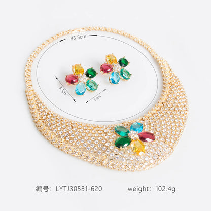 Cubic Zirconia Inlaid Hollow Leaf Flower Pendant Earrings and Necklace Jewelry Set