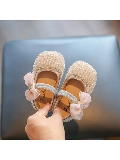 Girls Princess Shoes Lace Mesh Bows Kids Walking Shoes Non-slip Shiny Sequins 2025 New Children Flat Shoes Soft Sole Non-slip