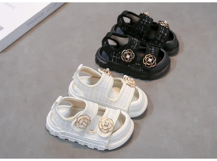 Rose Sweet Style Sandals Summer Solid Color Girls Baby Sandals Open Toe Small PU Slipper Shoes Size 21-35