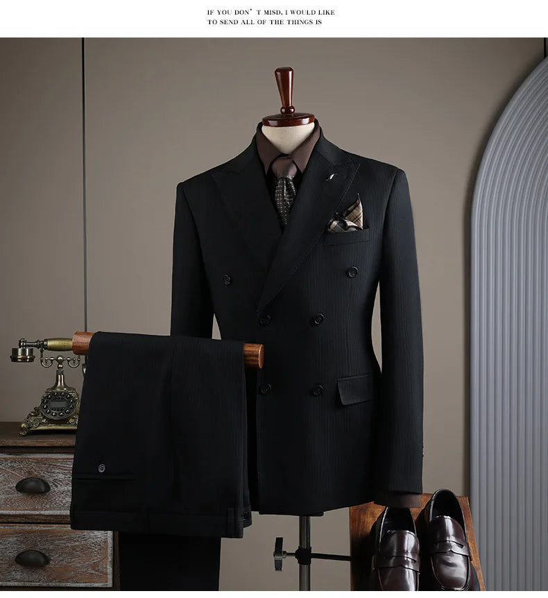 Terno Masculino de Alta Qualidade Formal Social Slim Fit Abotoamento Duplo Listrado Conjunto de Terno Noivo Casamento Roupa de Festa Smoking Roupa Masculina