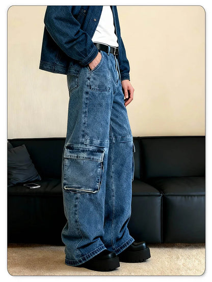 Men's Spring Blue Retro Washed Baggy Cargo Jeans Summer Male Multi Pocket Straight Tube Work Clothes Winter Denim Pants Clothes