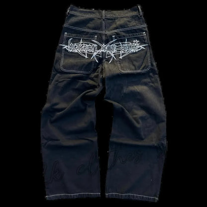 Retro Skull Embroidery Y2K Jeans Mens Hip Hop Washed Baggy Denim Pants New Straight Casual Loose Wide Leg Trouser Streetwear