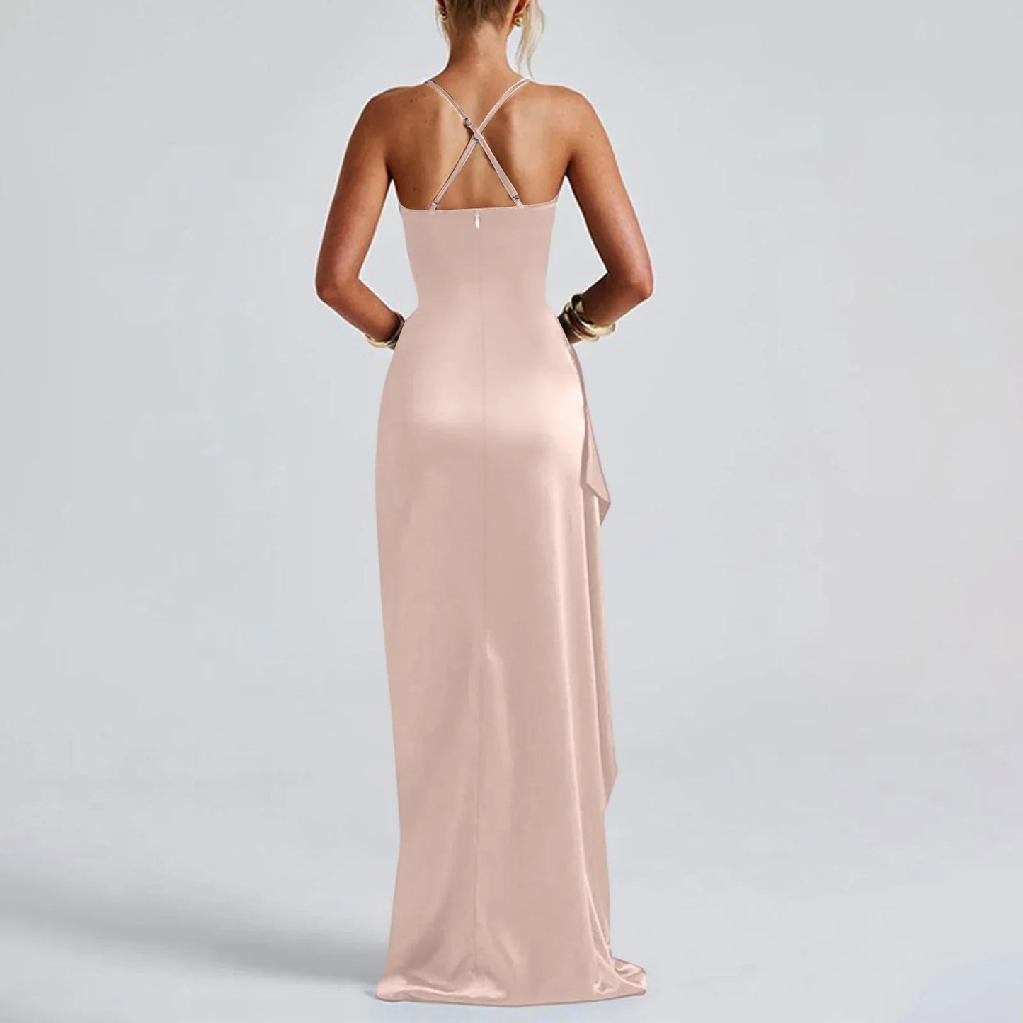 Women's Fashion Elegant Fitted Pleated Slit Satin Gown Solid Color Sleeveless Backless Long Dresses Summer Satin Party Dress