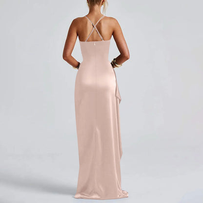 Women's Fashion Elegant Fitted Pleated Slit Satin Gown Solid Color Sleeveless Backless Long Dresses Summer Satin Party Dress