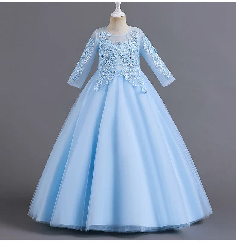 New Slim short sleeve fashion girls dress 3-12 years old Fluffy white wedding Sweet Princess dress lace