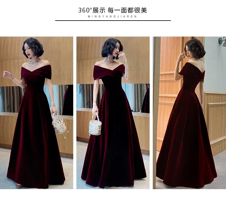 Spring Long Luxury Elegant Wine Red Soft Velvet Evening Party Wedding Dresses for Women 2022 Off Shoulder Maxi Dress