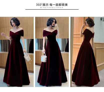 Spring Long Luxury Elegant Wine Red Soft Velvet Evening Party Wedding Dresses for Women 2022 Off Shoulder Maxi Dress
