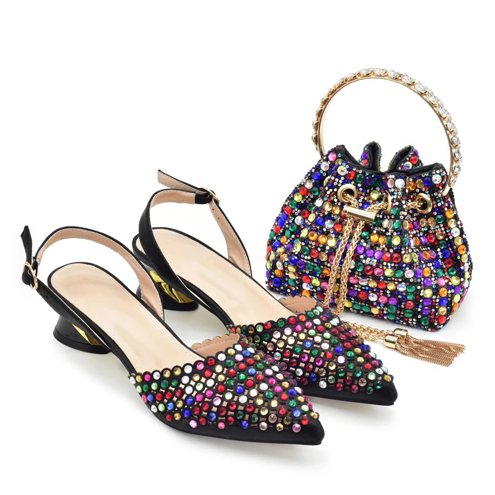 Fashion Italian Shoes with Matching Bags Set with Rhinestone African Shoes for Women Mid Heels Party Pumps Plus Size Heels 43