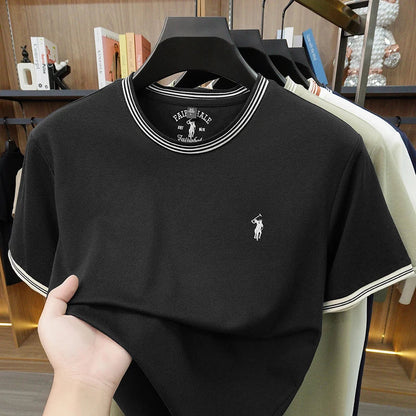 Summer New Cotton Men's Light Luxury Embroidered Versatile Round Neck Loose Short Sleeved Top