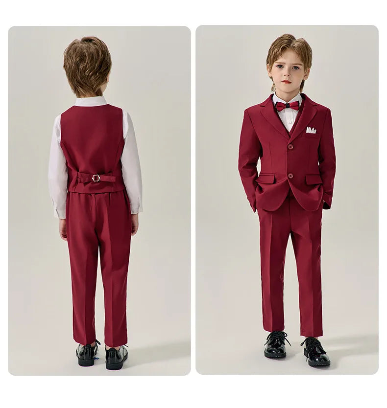 Boys Dark Green Jakcet Vest Pants Bowtie Evening Party Dress Children Wedding Photograph Suit Kids Ceremony Performance Costume