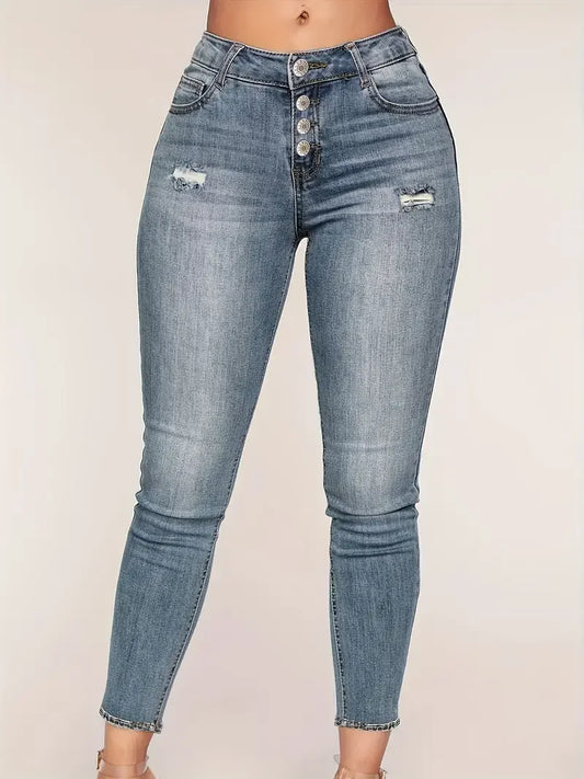 Women's Chic Ripped Pocket Jeans, Single Breasted Button Open and Close, Skinny Stretchy Denim Pants - Solid Color