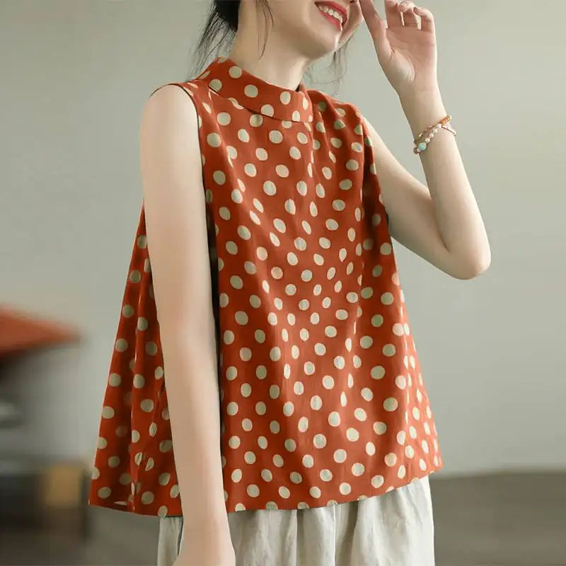 Women Dots Tank Tops 2024 Summer Sleeveless Camis Blouse Korean Fashion Round Neck Shirt Casual Loose Round Neck Tunics