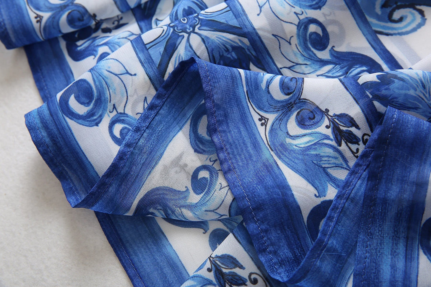 Red Blue And White Porcelain Print Holiday Dress Summer Vintage Bohemia Dress Women's  Loose Lace Up Belt Long Robe Vestido