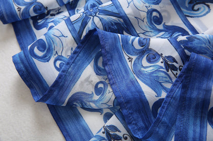 Red Blue And White Porcelain Print Holiday Dress Summer Vintage Bohemia Dress Women's  Loose Lace Up Belt Long Robe Vestido