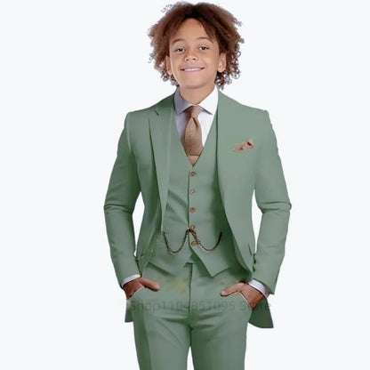 Khaki Boys Suit 3 Piece Groom Tuxedo Notch Lapel Jacket Pants Vest Wedding Party Birthday Gift Kids Slim Fit Blazer Child Suits