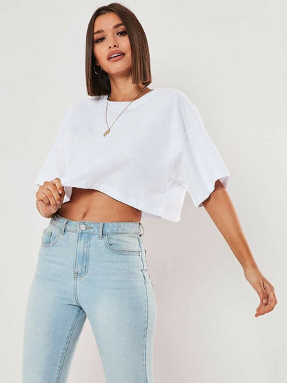 Camiseta Esportiva Feminina de Algodão Manga Curta Dança Corrida Yoga Fitness Cropped Top Mostrando o Umbigo Novo Solto para Academia