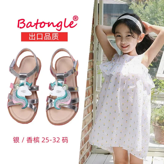 Unicorn Cartoon Girls Sandals High Quality Kids Open-toed Sandals For Girl 2025 Summer Children Beach Swim Shoes Size 25-32