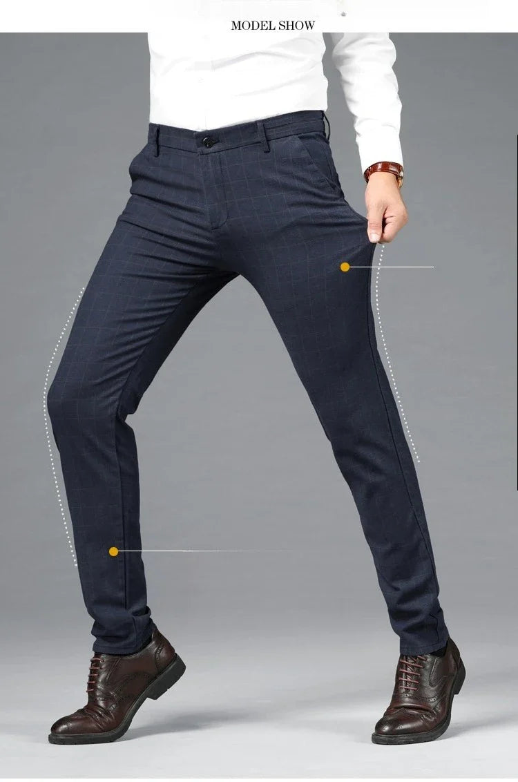 Spring Summer Business Men's Casual Pants Fashion Grid Design Versatile Comfortable Slim Straight Legs Elastic Male Trousers
