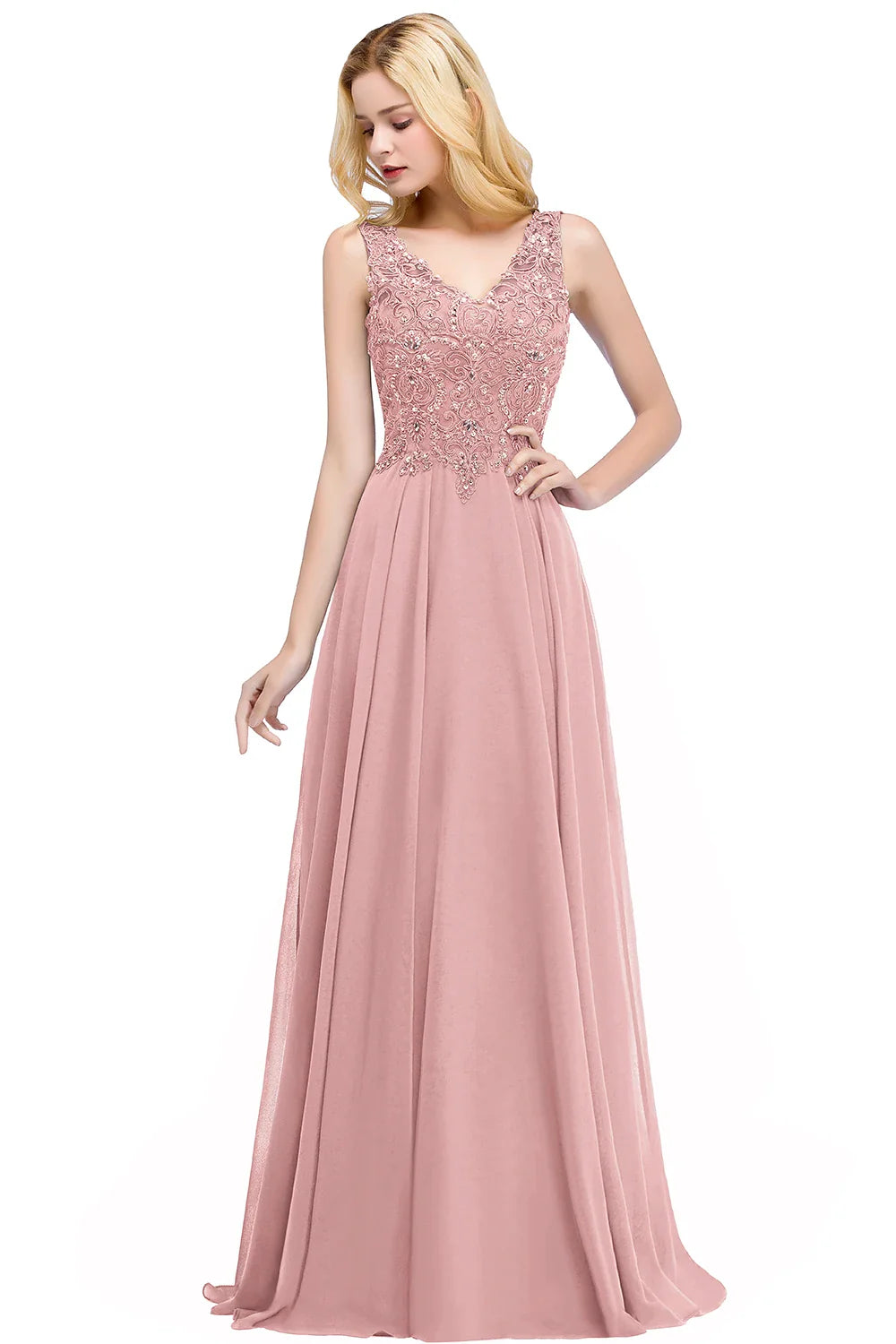 Navy Blue Evening Dresses Women V Neck Lace Appliques Beaded A Line Skirt Chiffon Prom Party Bridesmaid Gowns