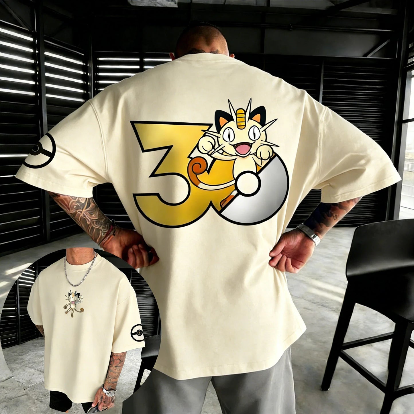 30th Anniversary Meowth Printed T-shirt Summer New Men's and Women's Loose Casual Hip Hop Trendy Short Sleeve Top