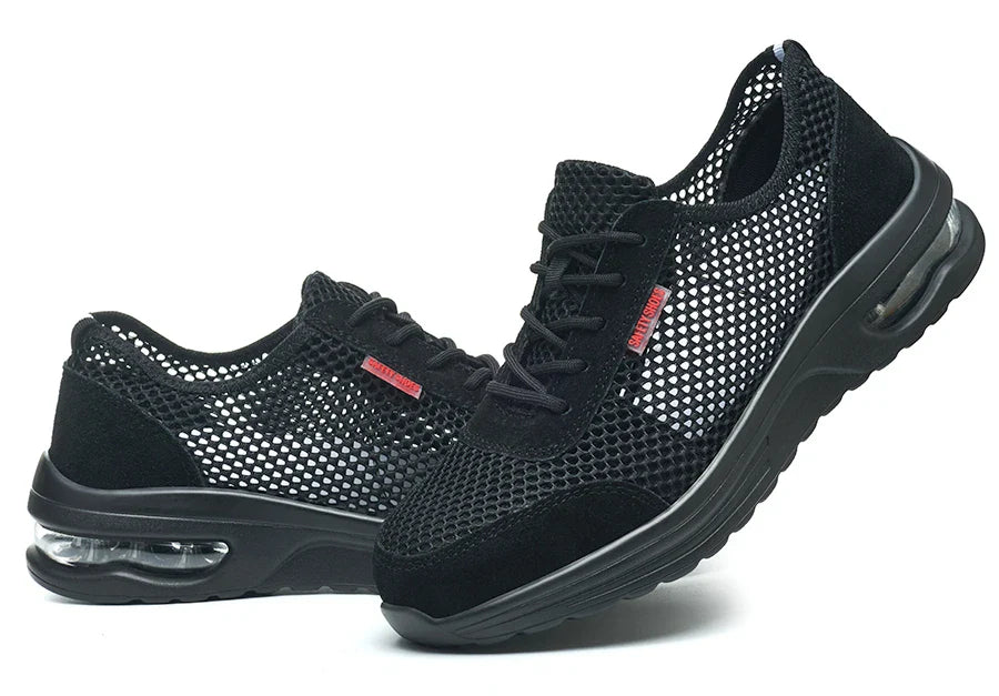 Men's Summer Steel Toe Safety Shoes Anti-Crush And Piercing Breathable Lightweight Outdoor Pure Black Work Shoes