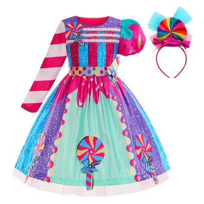 Presente Clássico para Festa de Carnaval de Purim para Meninas Vestido Arco-Íris Assimétrico Longo e Curto com Manga Doce Conjunto de Vestidos Fofos para Férias de Natal