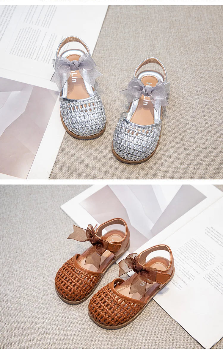 Children's Sandals Summer New Elegant Girls Princess Shoes Woven Style Beach Causal Kids Flat Sandals Solid Color Versatile