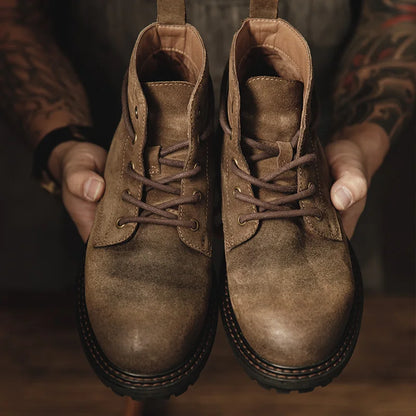 Men Vintage Split Suede Fleece-lined Boots Brown High-Top Work Boots Lace-Up Desert Ankle Rugged Sole Boots Outdoor Shoes