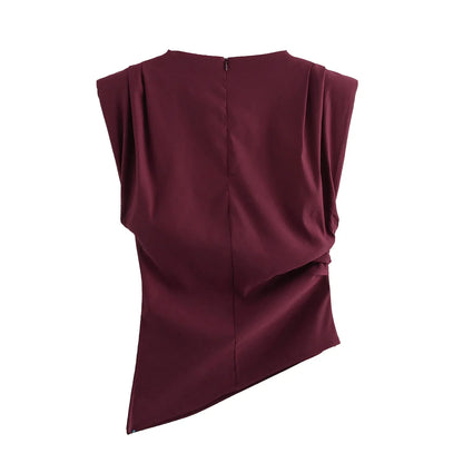 2025 Summer Asymmetric Tank Women Wine Red/Brown/Black Ruched Sleeve Office&Party Tops Breathable Stretchy Slim Fit Streetwear