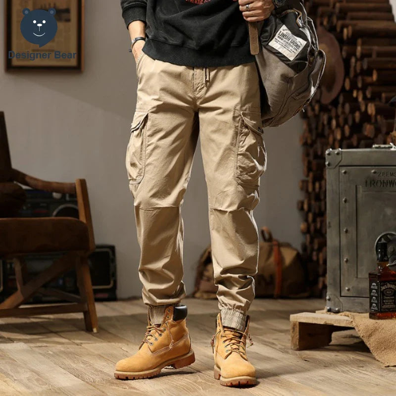 Brand Clothing 2026 Spring Summer Men's Baggy Cargo Pants Multi-Pocket Work Joggers Casual Cotton Tapered Trousers Long Pants